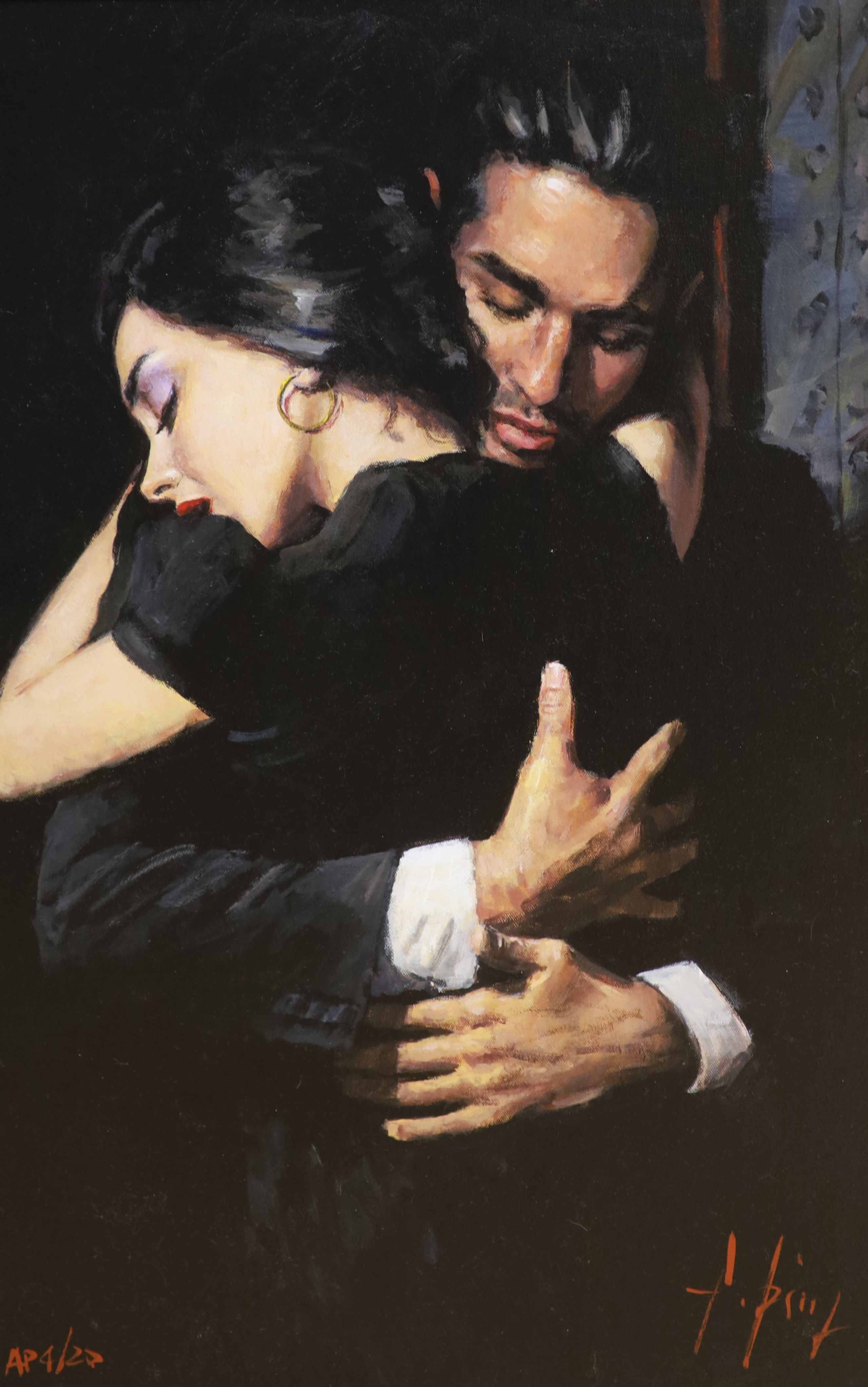 Fabian Perez, hand embellished giclee canvas, 'The Embrace II', no.4 of 20 artists proofs, with COA, 75 x 50cm